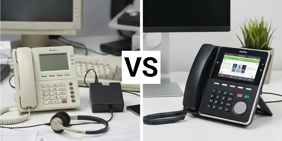 Comparison of older and newer Aastra phone headset connections