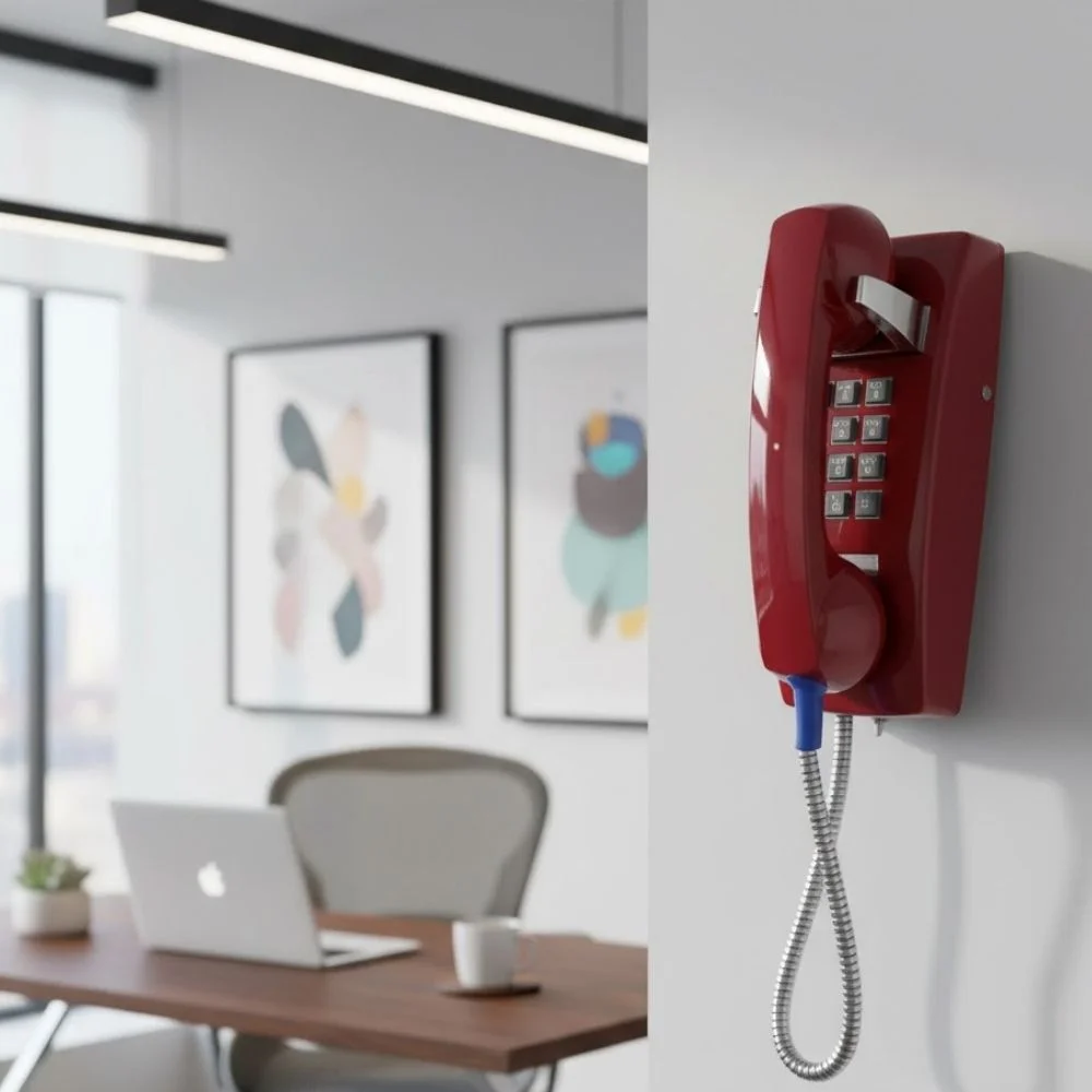 Cortelco Wall phone Basic No Dial Armored Cord with Plastic Cradle - Red