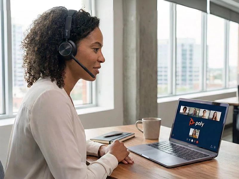 Professional woman using Poly headset